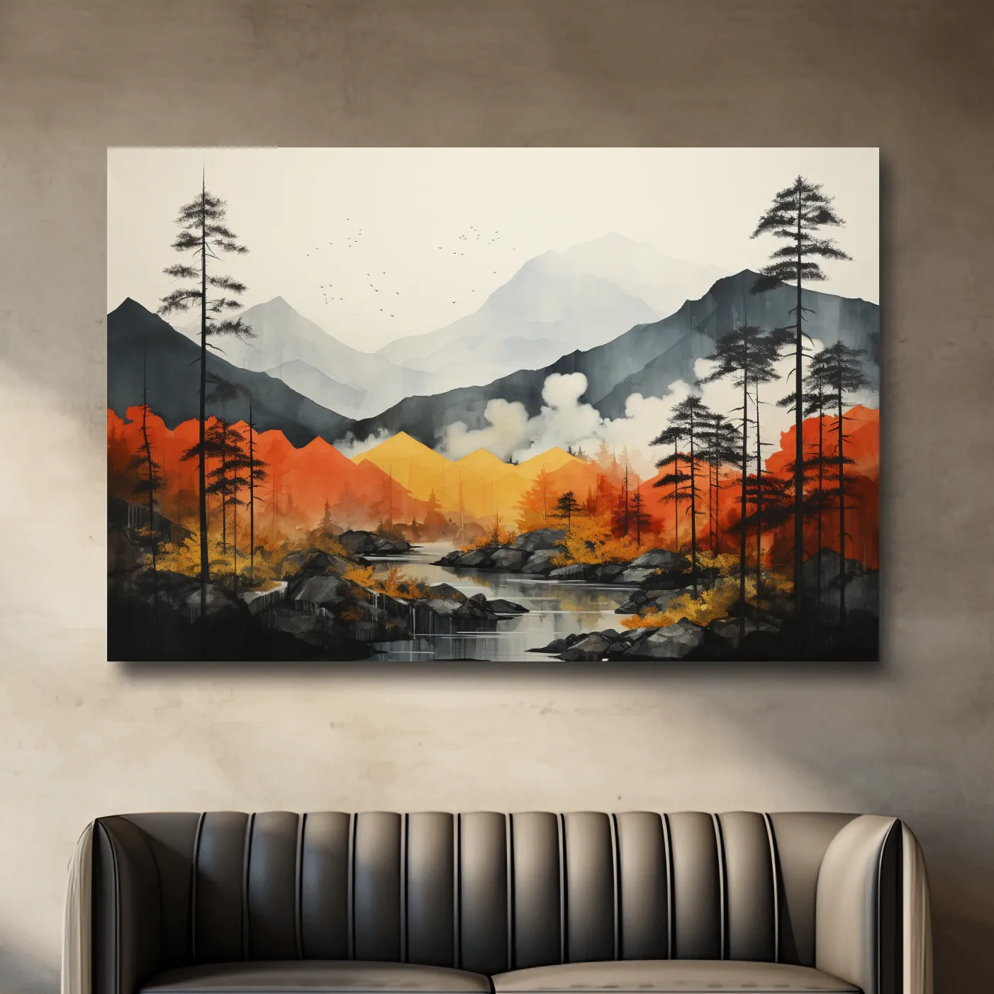 Surreal watercolour painting, colorful mountain scenery