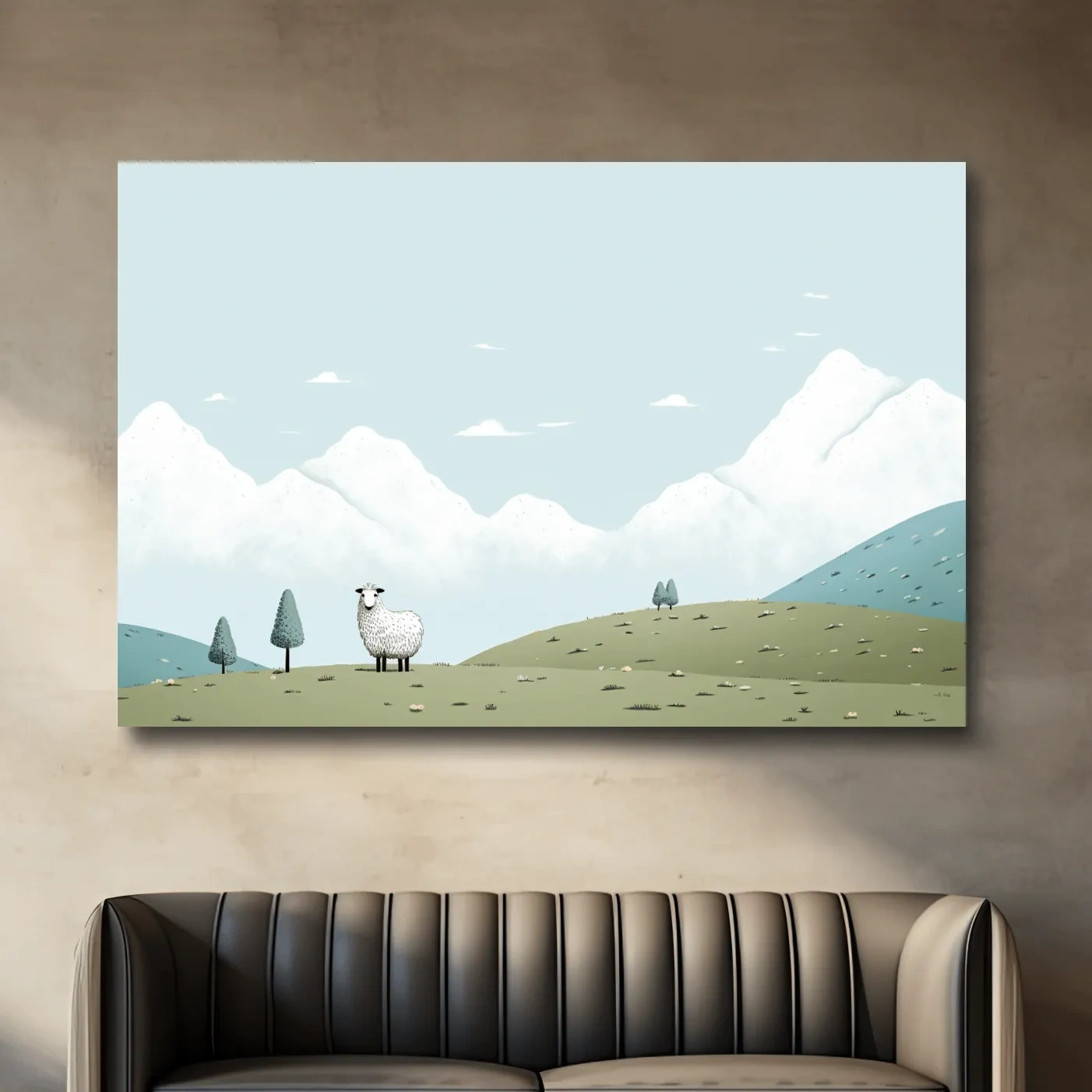 Illustration of a sheep in an alpine landscape