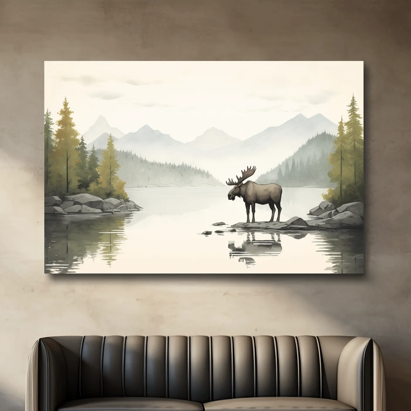 Watercolor Moose By Misty Lake - Mountain Wilderness Nursery Wall Art