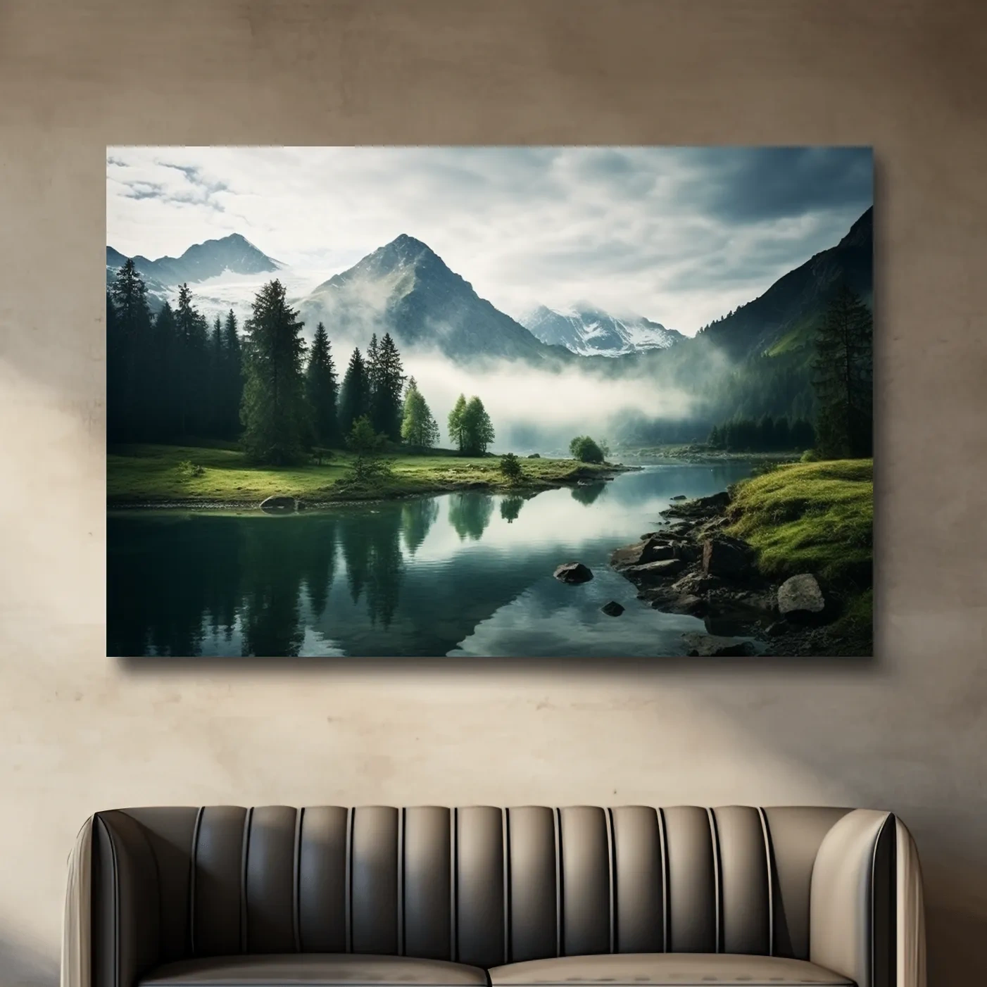 Misty Alpine Lake Reflection Landscape - Mountain Forest Photographic Wall Art