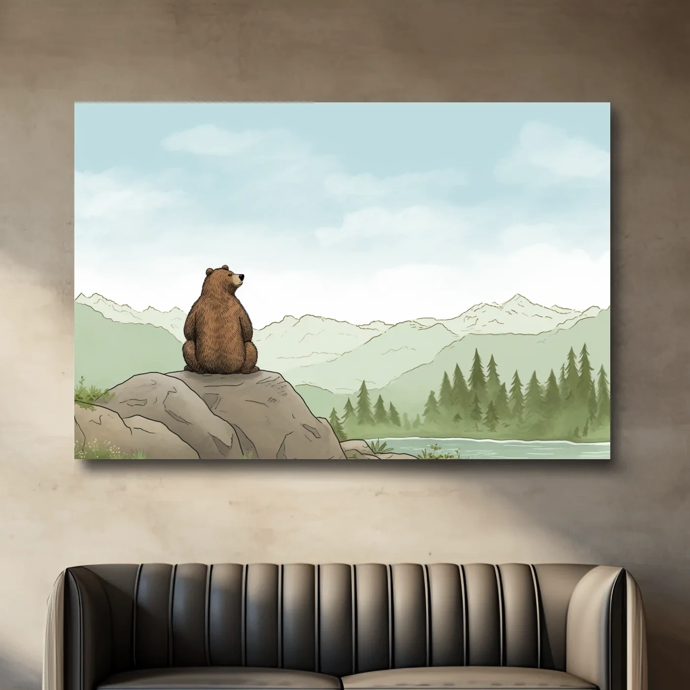 Illustration of a bear chilling on a rock, nursery artwork