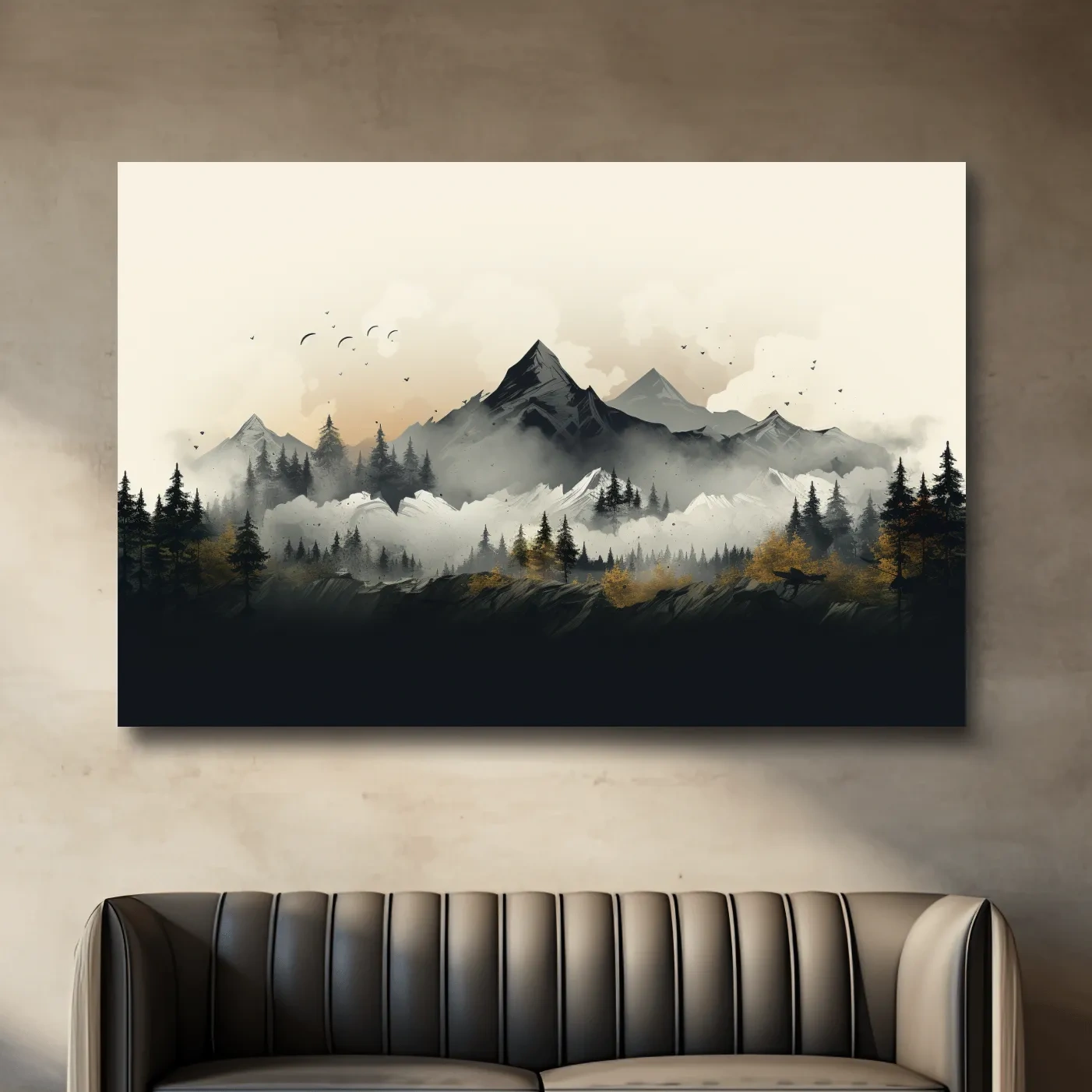 Misty Mountain Range With Pine Forest Illustration - Moody Landscape Wall Art