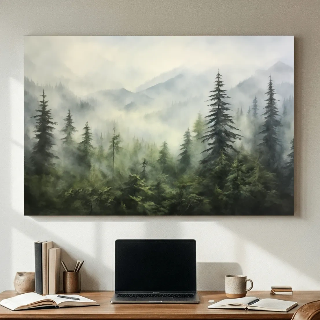 Misty Evergreen Forest Mountains Watercolor - Serene Foggy Landscape Artwork