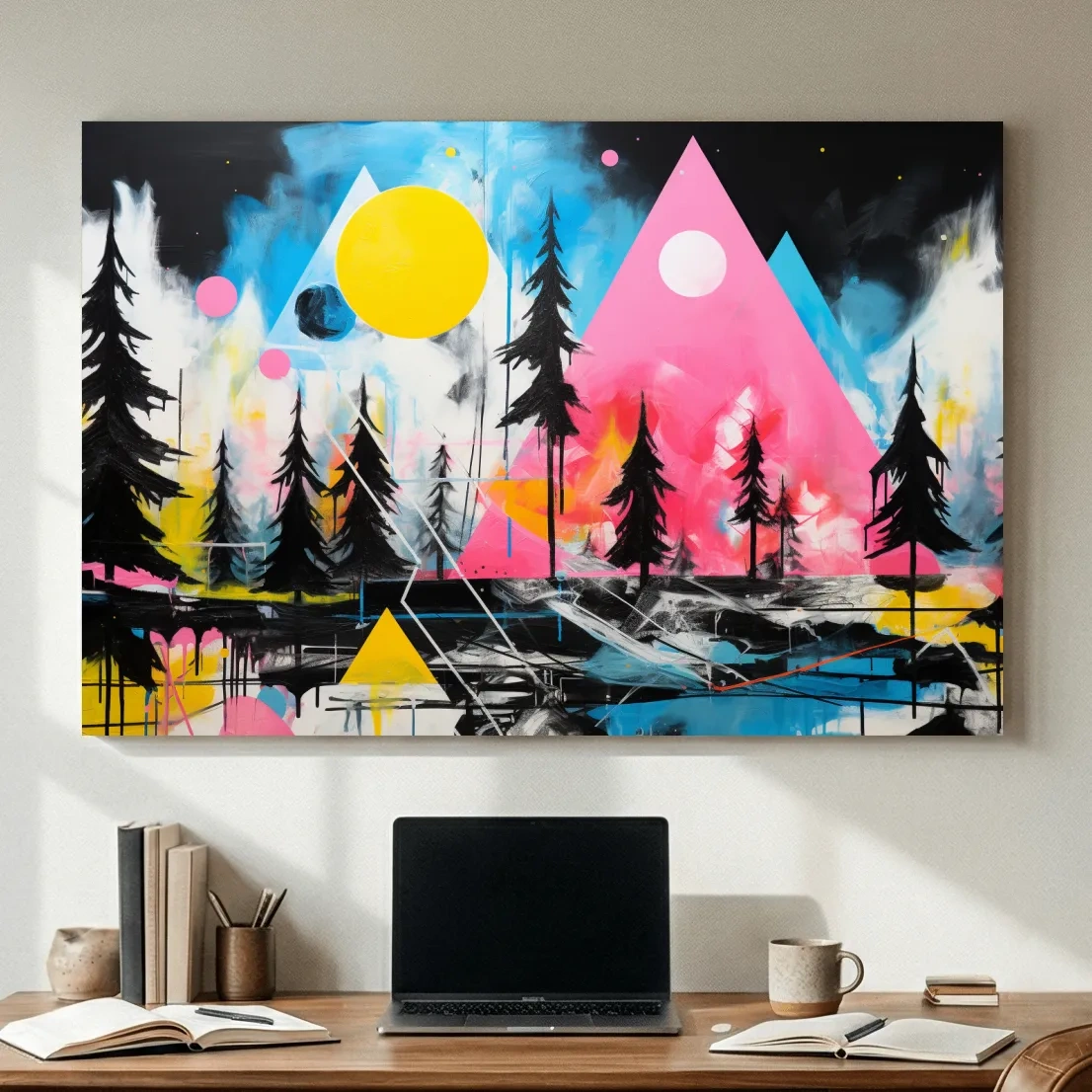 Neon Geometric Mountain Forest Painting - Vibrant Abstract Wall Art
