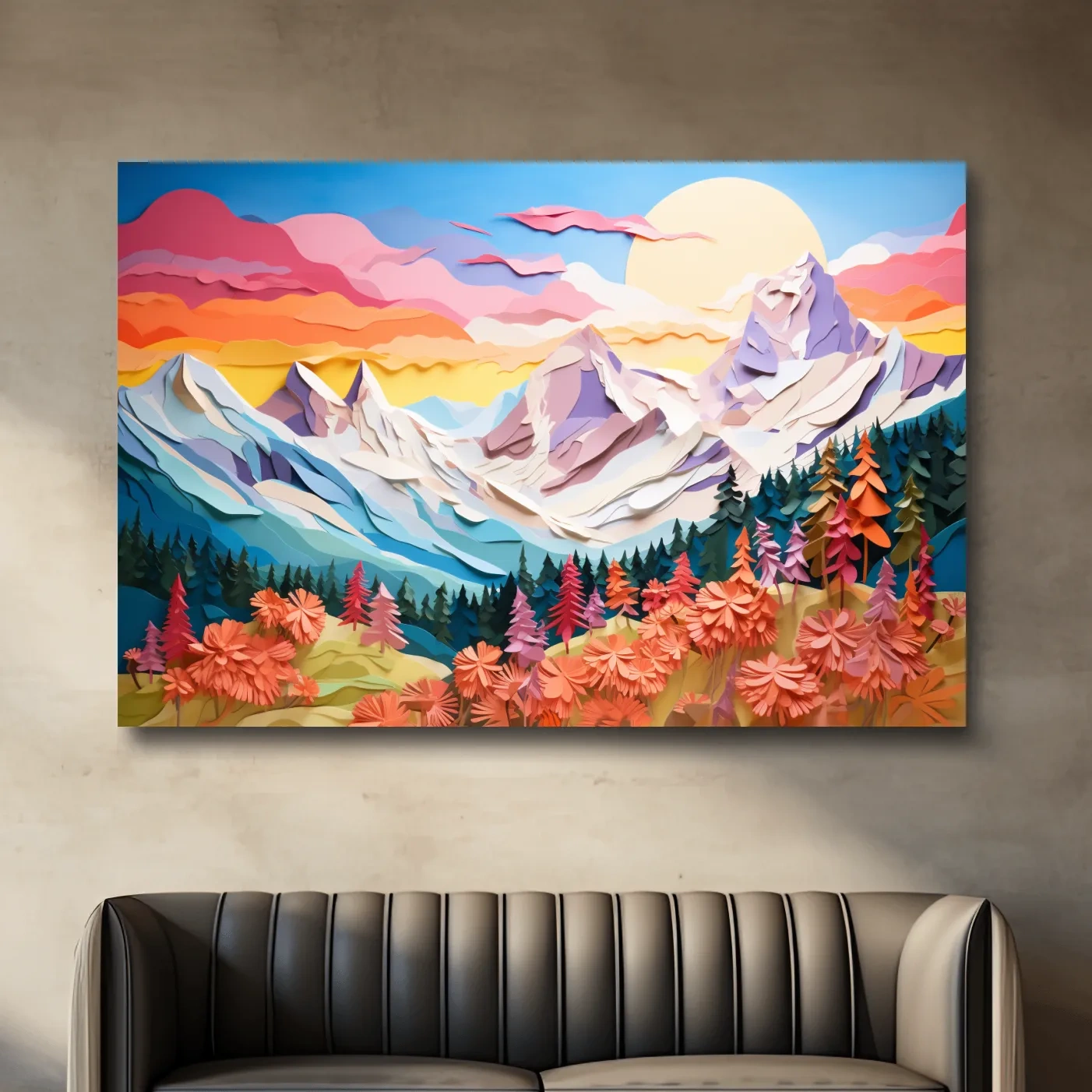 Paper cutout style art of alpine flowers at sunset