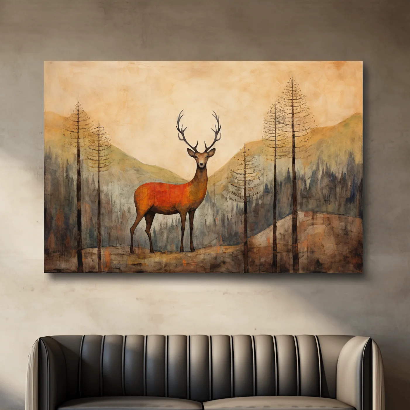 Textured watercolour painting of a deer in the forest