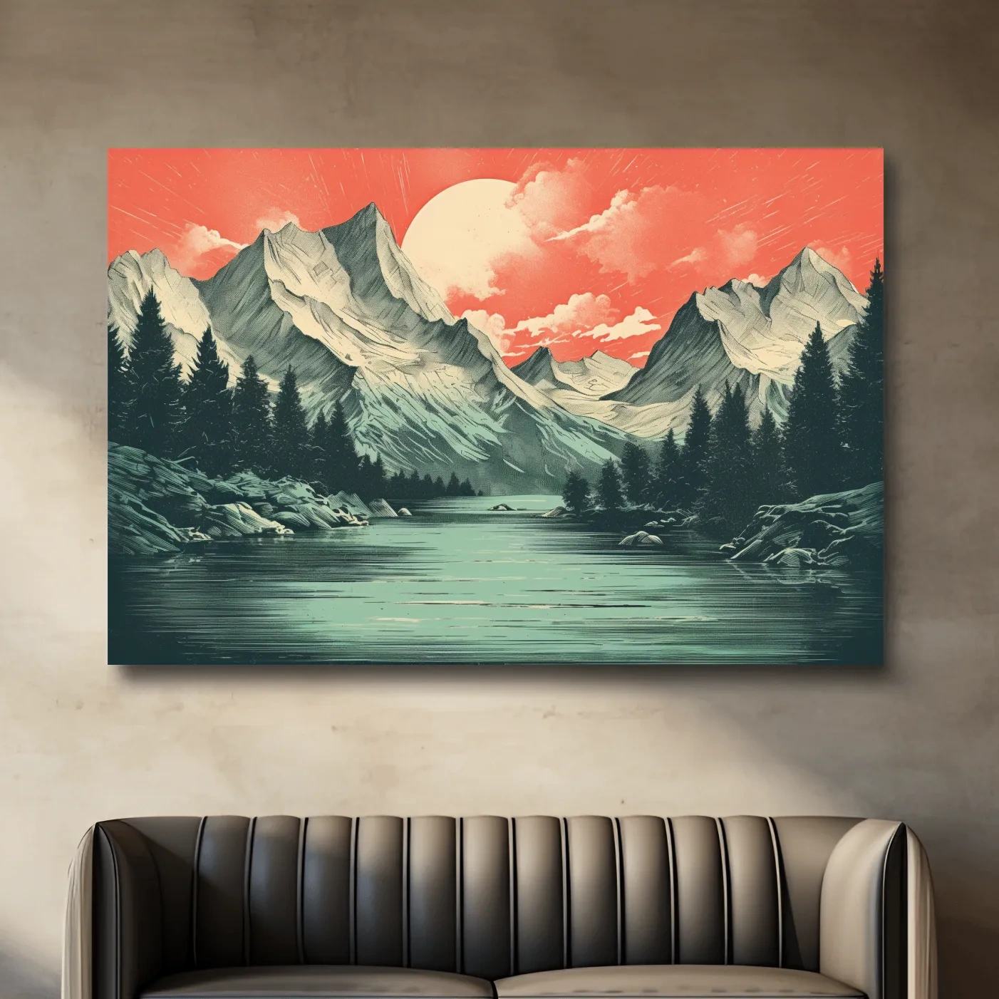 Risograph style illustration of an alpine lake at sunset