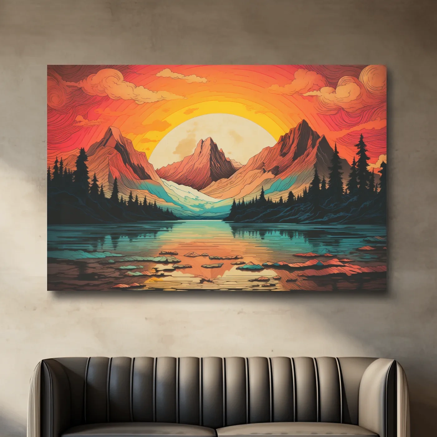 Vibrant illustration of sunset over an alpine lake
