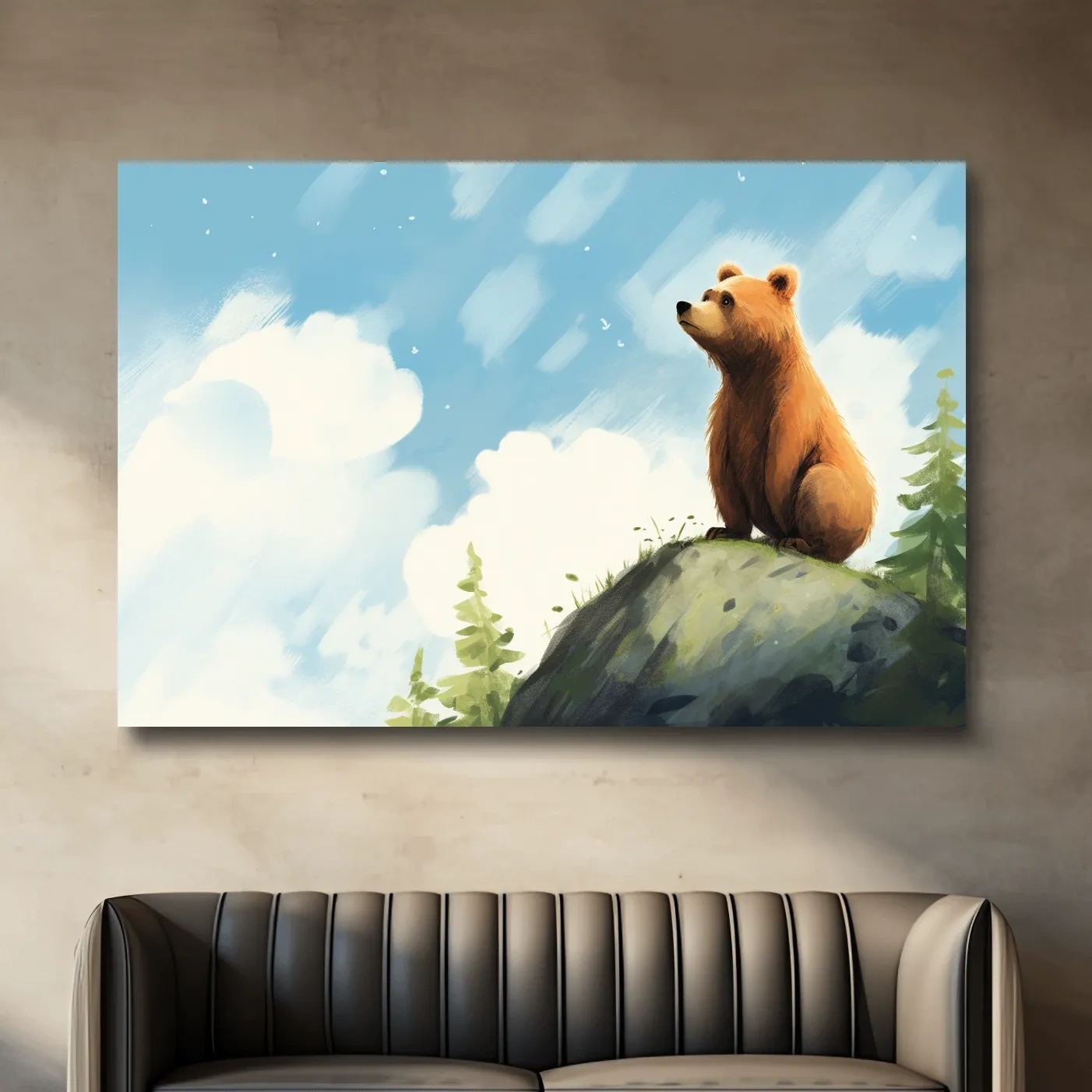 Bright fun painting of a bear gazing into the sky