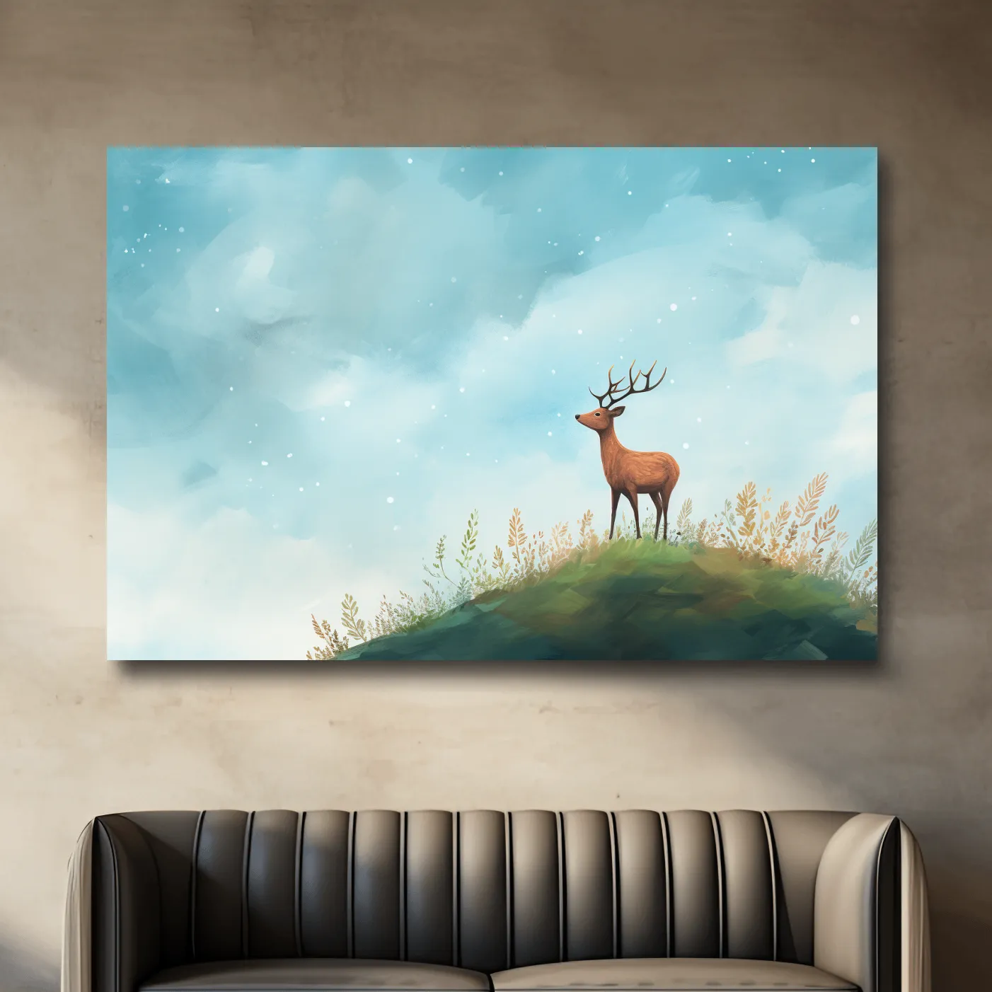Bright painting of a deer gazing into the sky