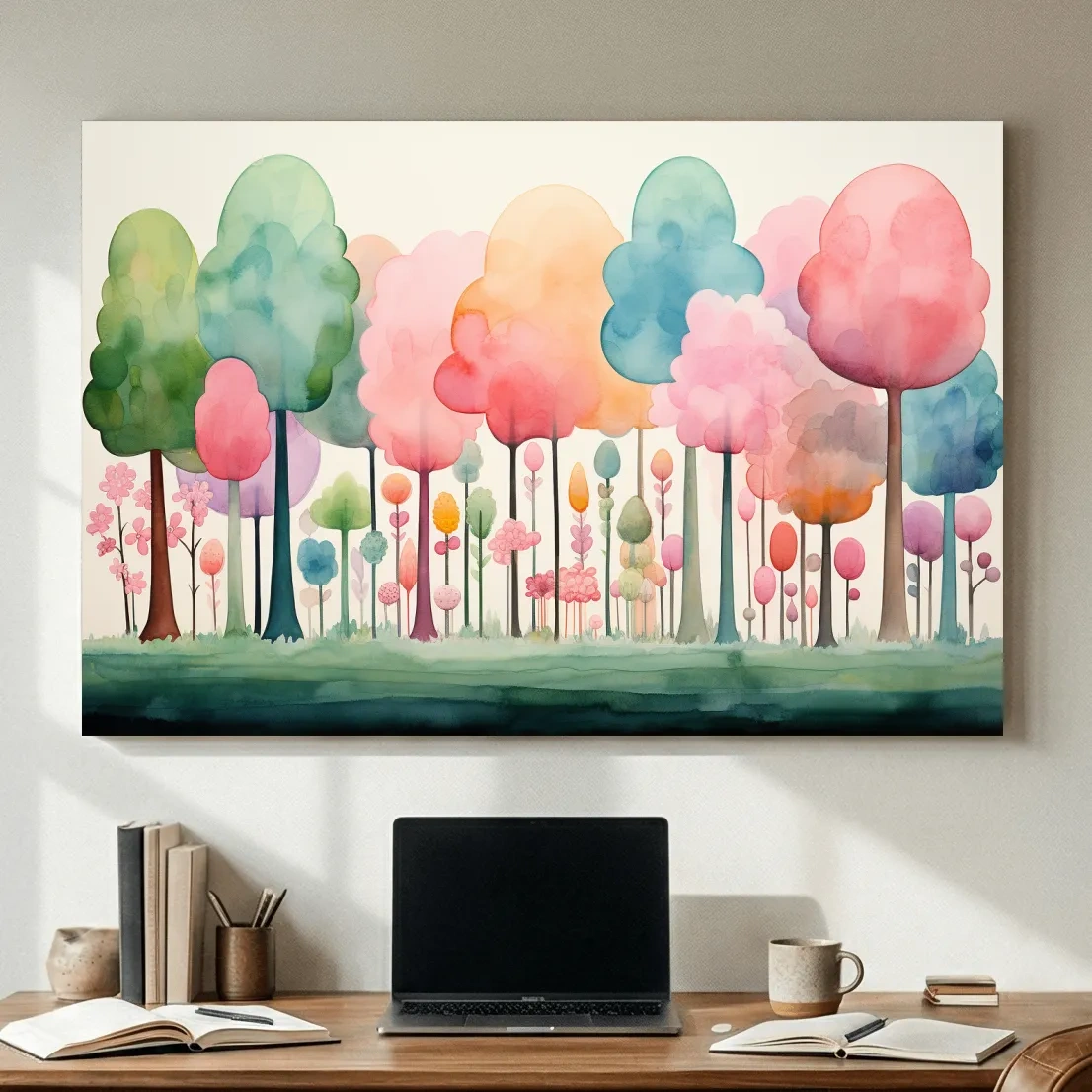 Whimsical Pastel Watercolor Forest - Colorful Nursery Wall Art