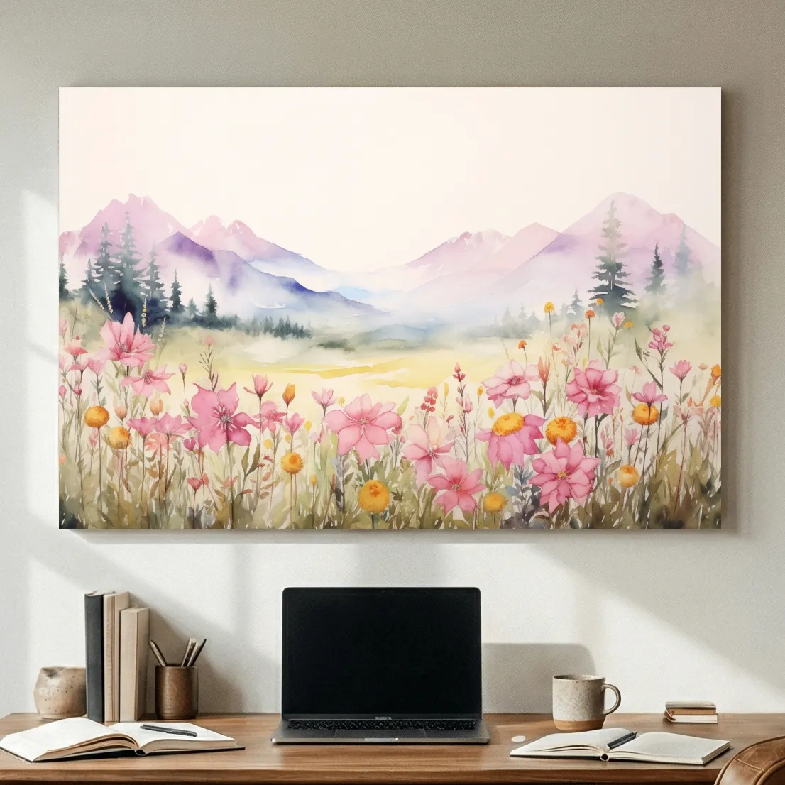 Pastel Wildflower Meadow Mountains Watercolor - Serene Alpine Wall Art
