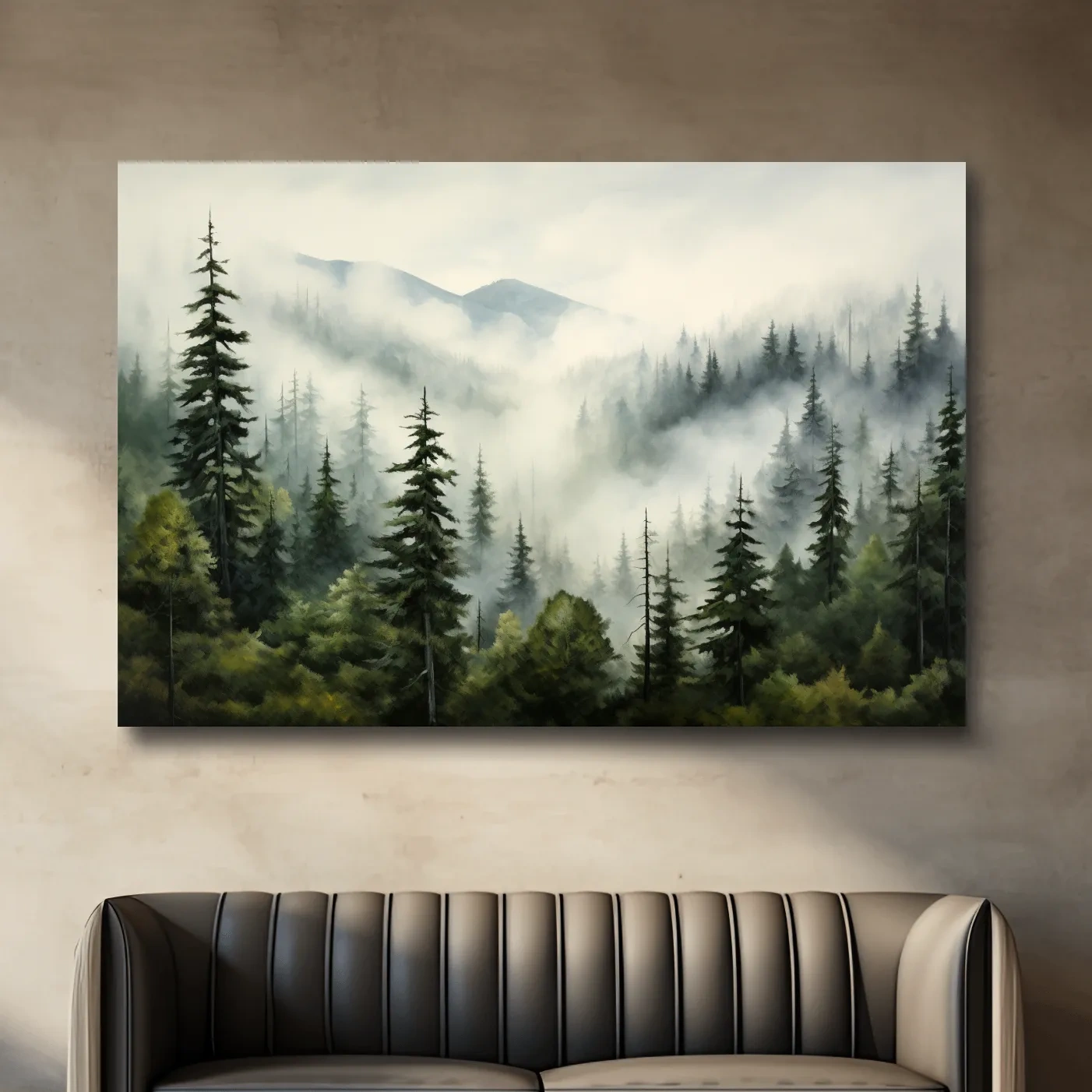 Painting of morning fog rolling through the forest