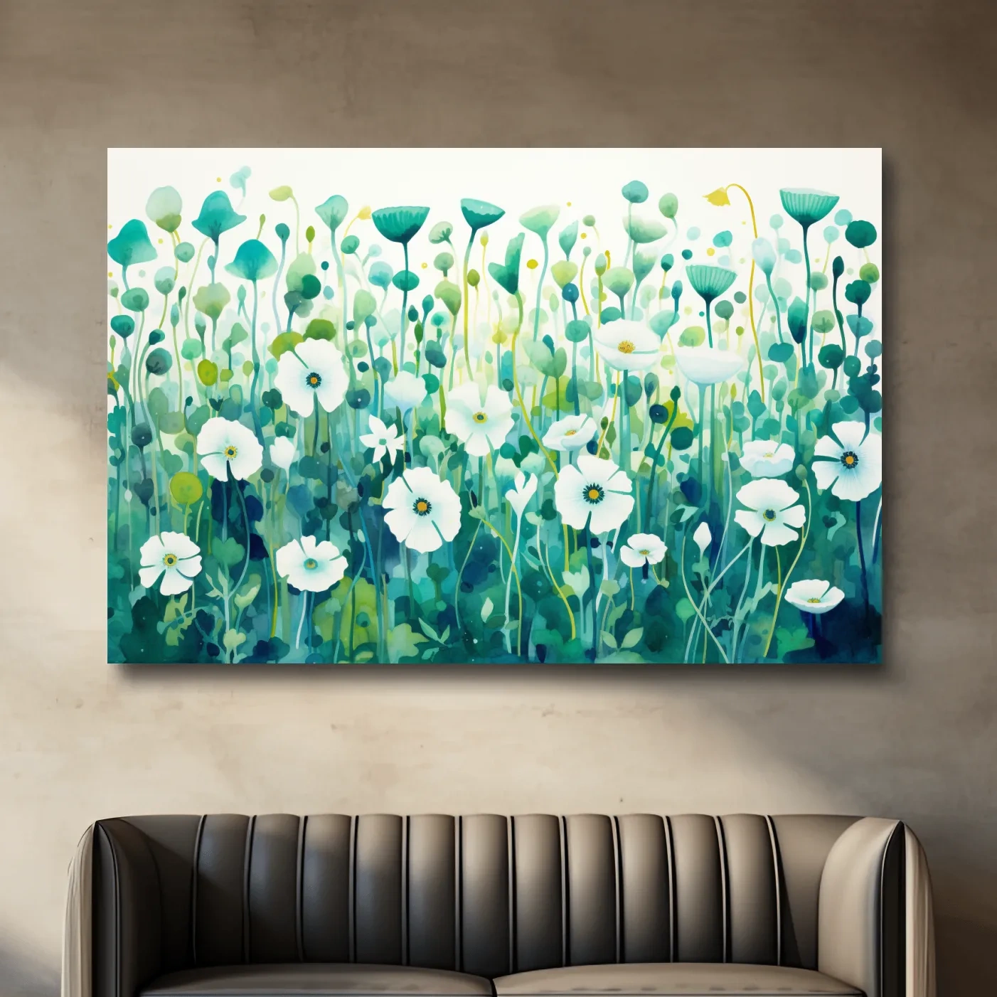 Painting of green flower patterns, colorful floral wall art
