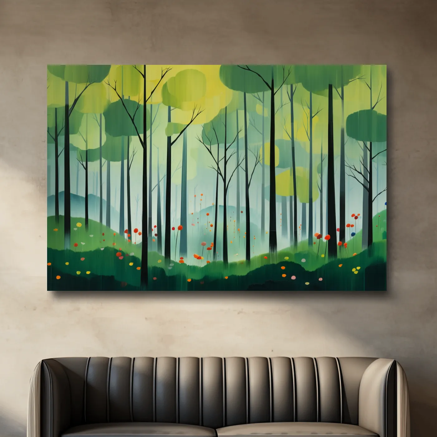 Painting of a bright green forest