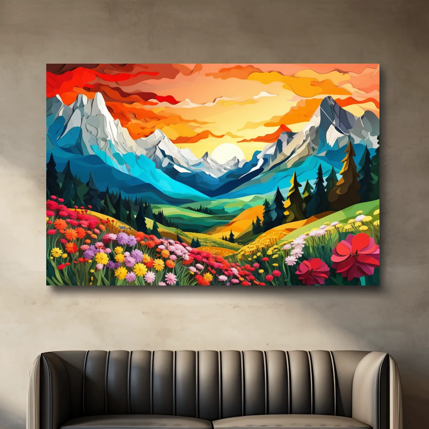 Vibrant paper cutout style art of an alpine meadow at sunset