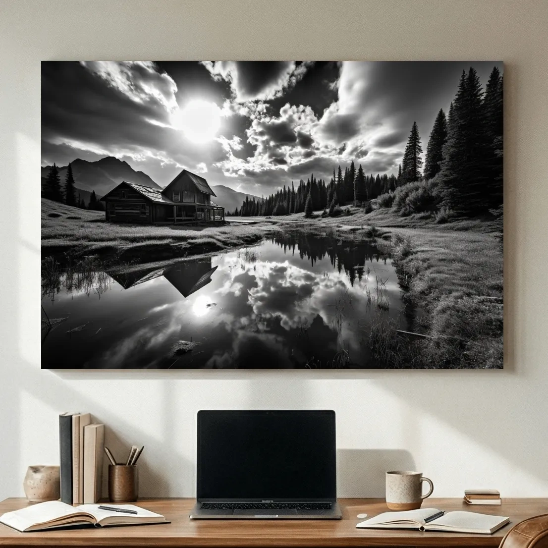Moody Black And White Mountain Cabin Reflection - Dramatic Alpine Landscape Photography Wall Art