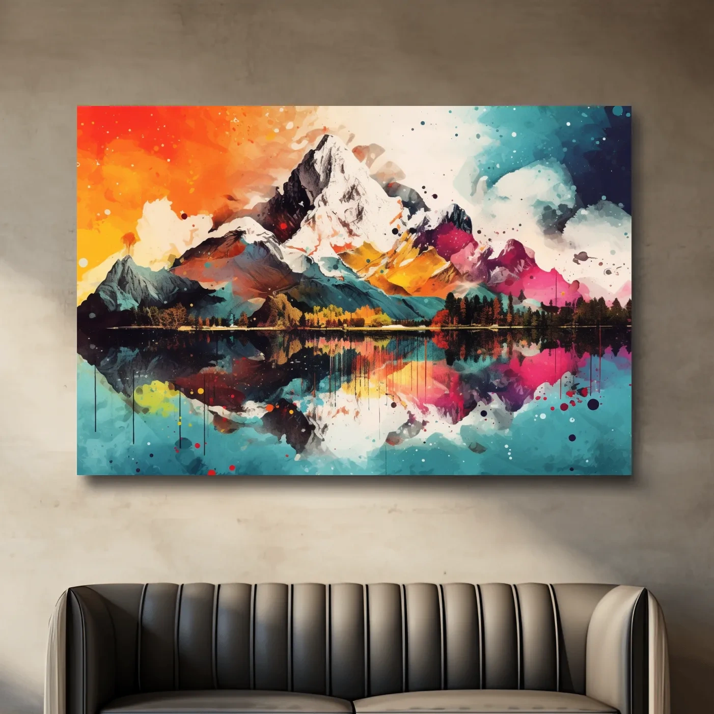 Vibrant Abstract Mountain Lake Collage Artwork - Colorful Watercolor Splash Wall Art