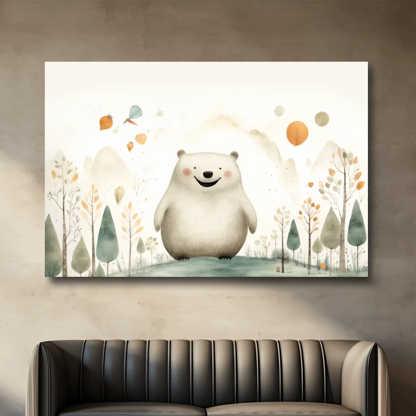 Storybook nursery art, happy bear in the forest