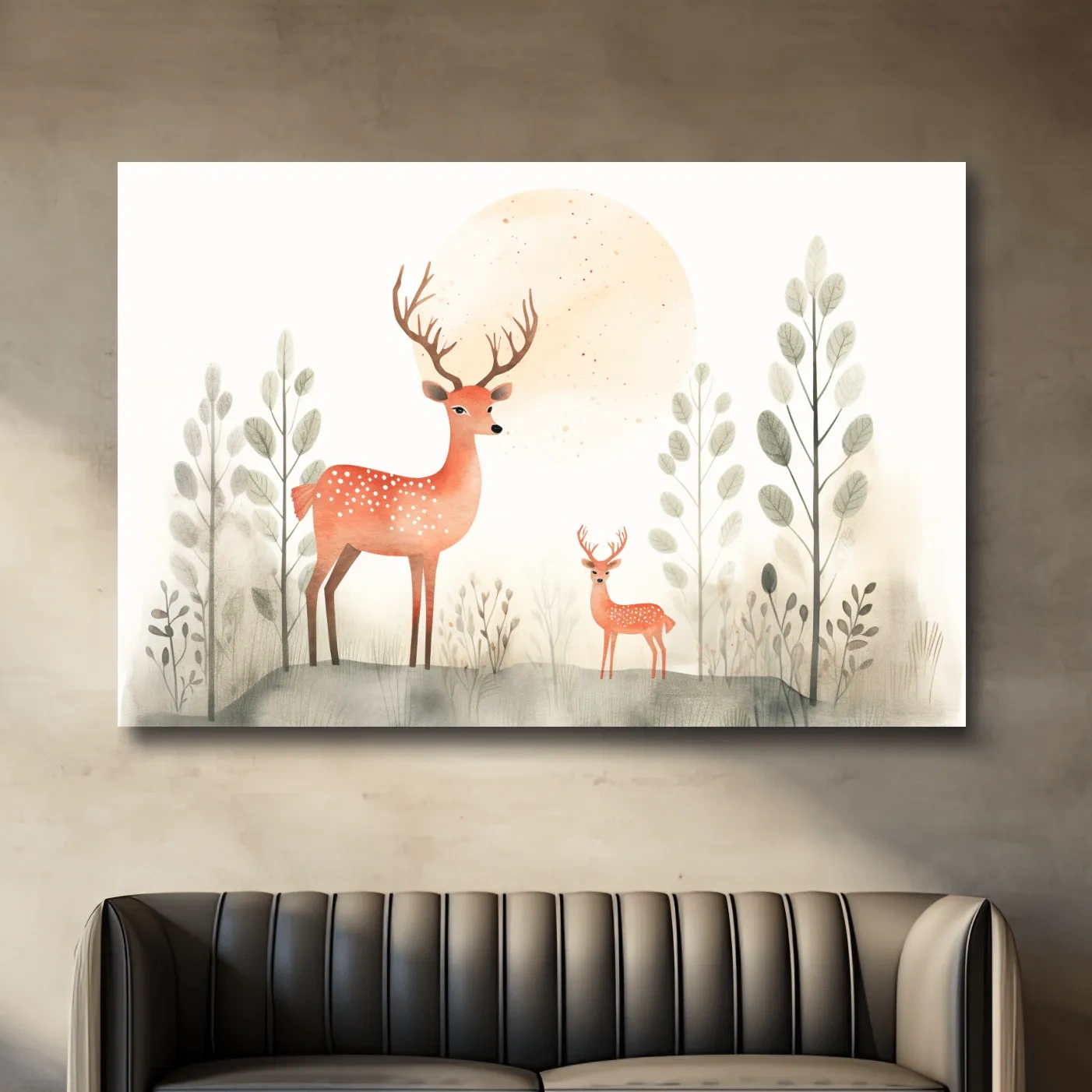 Storybook childrens illustration art, cute deer family in the forest, nursery wall art