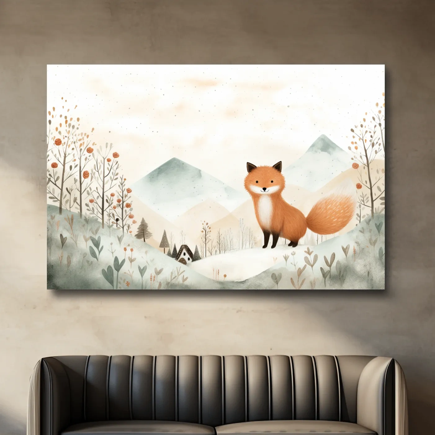 Cute happy fox in the mountains, childrens storybook illustration artwork