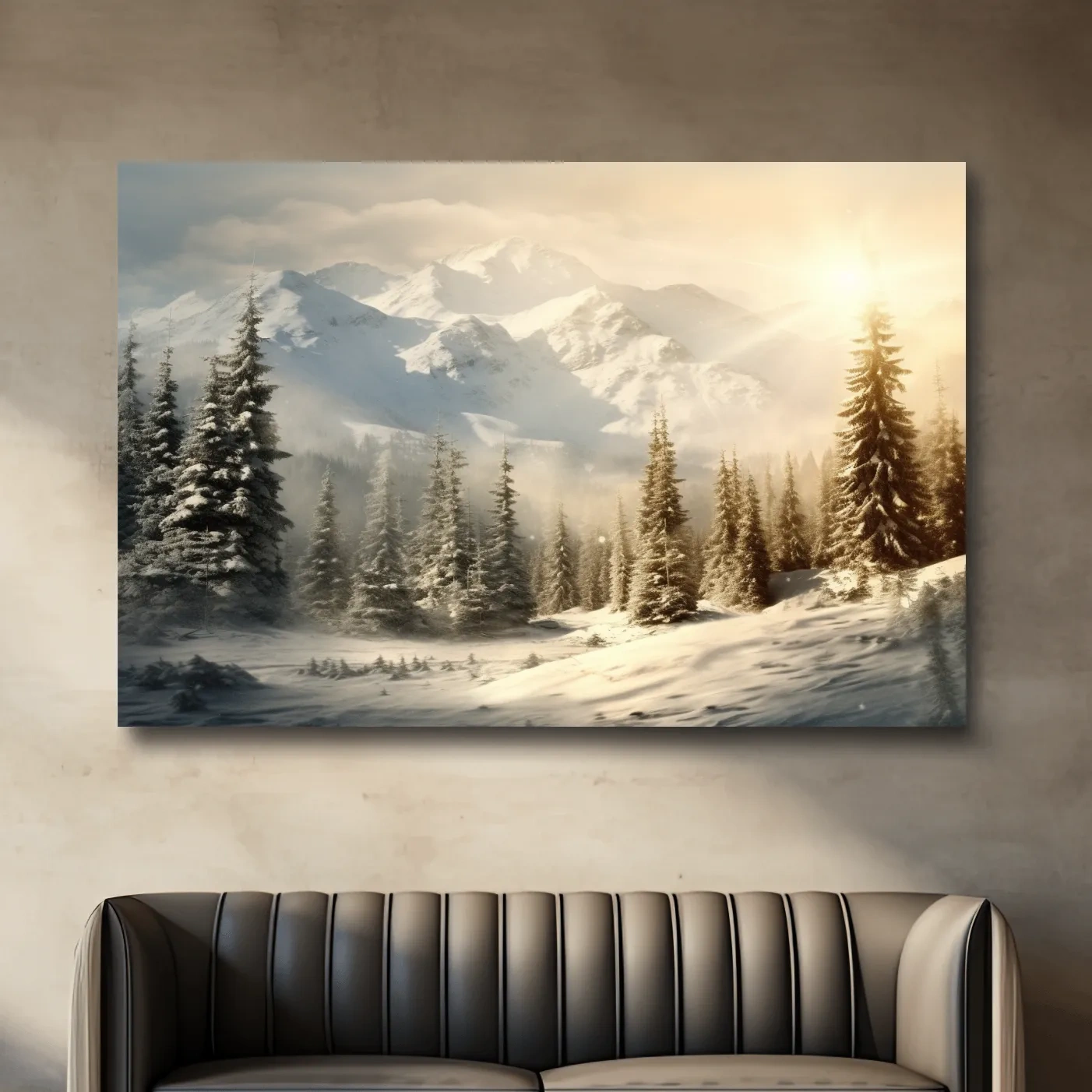 Snow covered mountains at sunrise, realistic painting