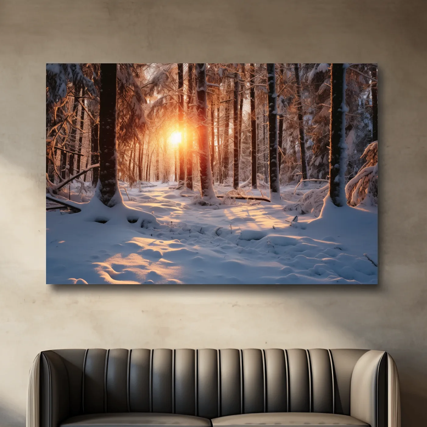 Snow covered forest at sunset, photograph