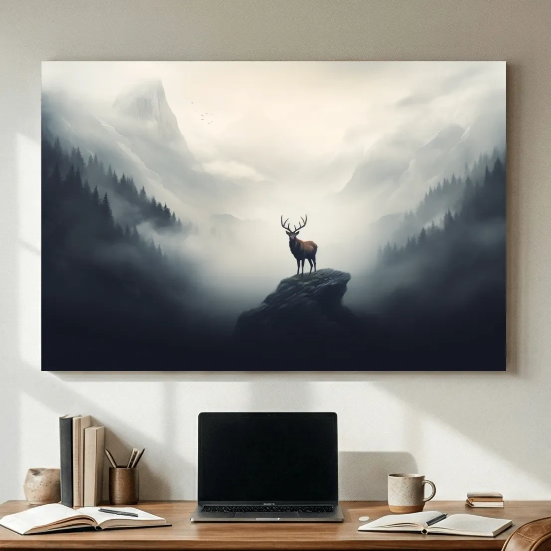 Majestic Stag On Rocky Peak - Misty Mountain Forest Wall Art