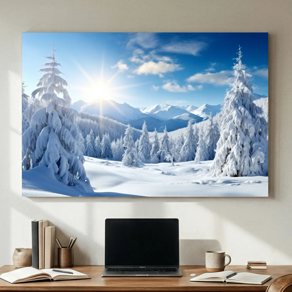 Sunlit Snowy Mountain Winter Landscape - Photographic Alpine Forest Wall Art