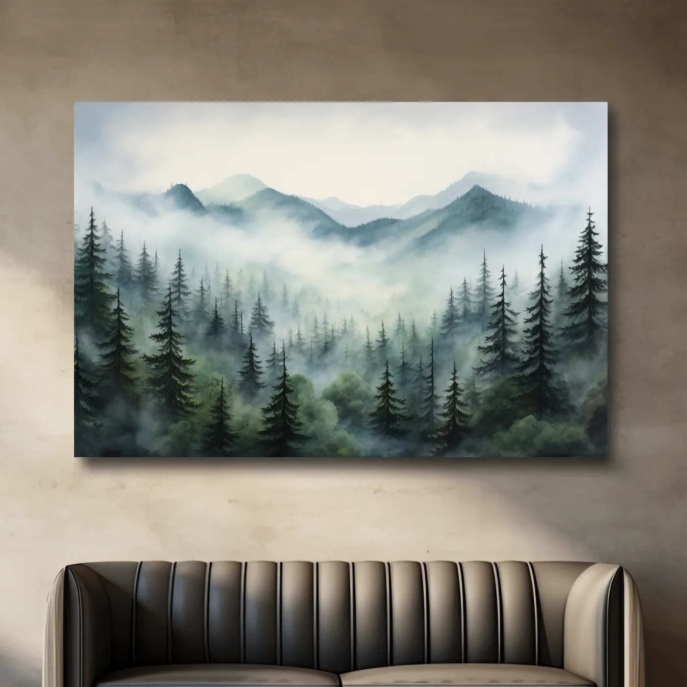 Misty Alpine Forest Painting - Foggy Mountain Landscape Art