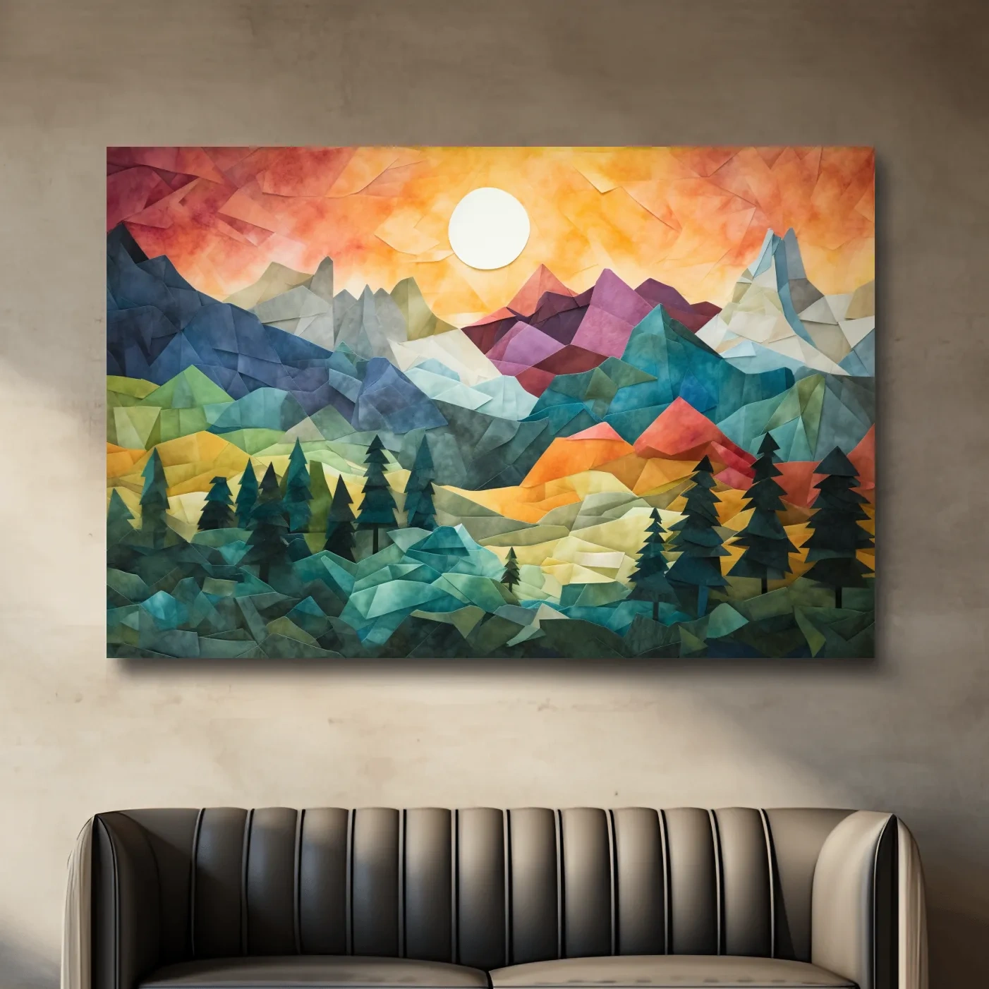 Abstract alpine mountain art at sunset, mixed media patchwork style