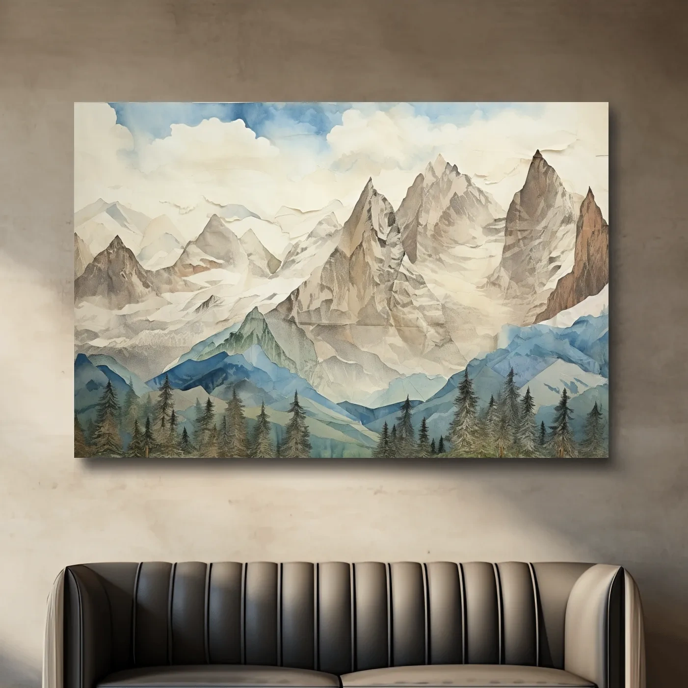 Glacier alpine forest artwork, textured effect mixed-media style wall art