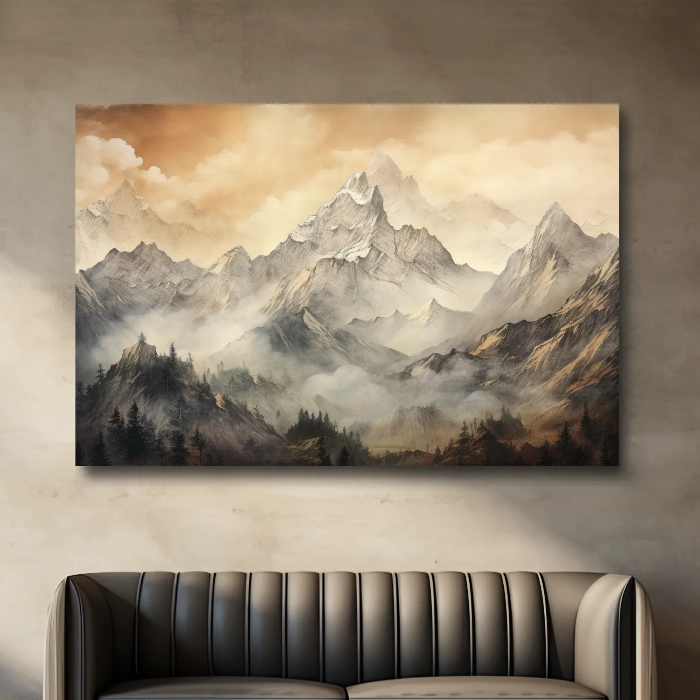 Alpine glacier scene at sunset, sketch style drawing artwork, high alpine landscape wall art