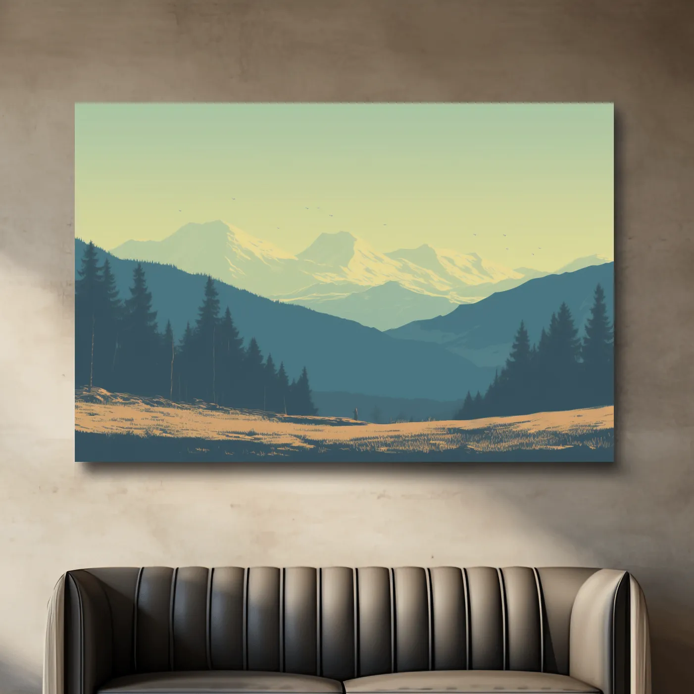 Pacific North West hazy glacier mountain scene, postcard style vector artwork