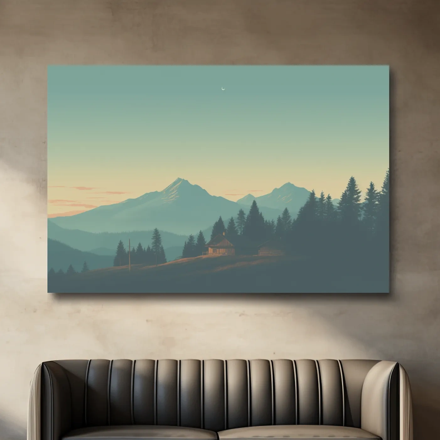 Hazy Alpine Cabin Mountain Sunset - Serene Vintage Landscape Wall Art