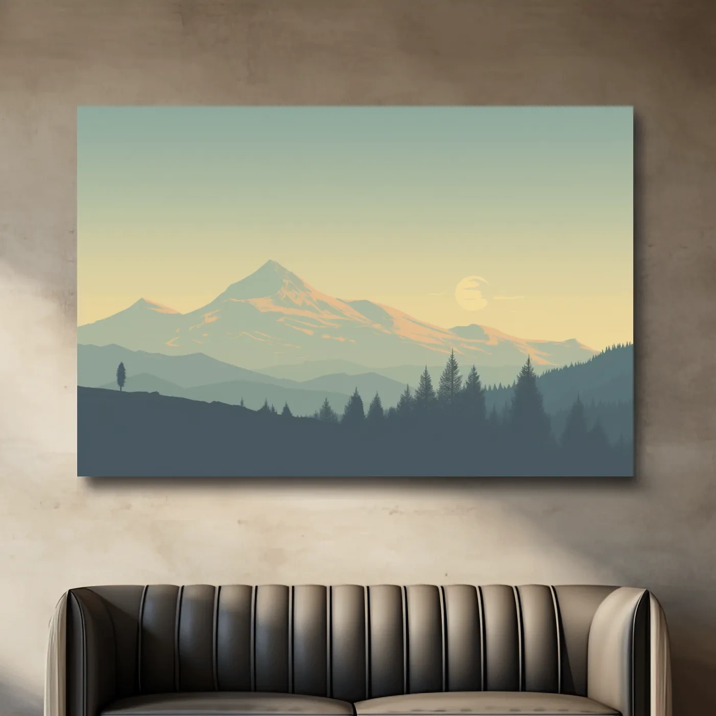 Dusk over the glacier, hazy forest silhouette vector illustration