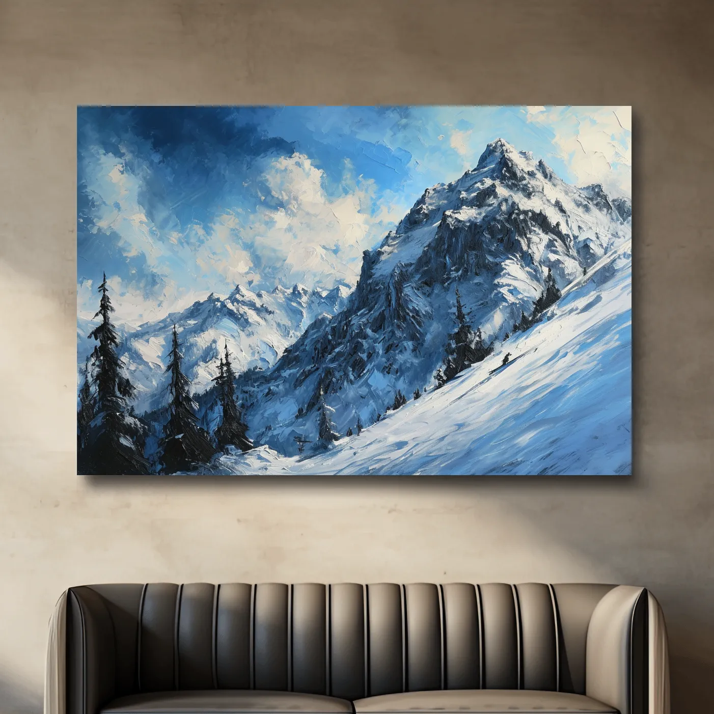 Alpine Snowy Peak Oil Painting - Moody Mountain Landscape Wall Art