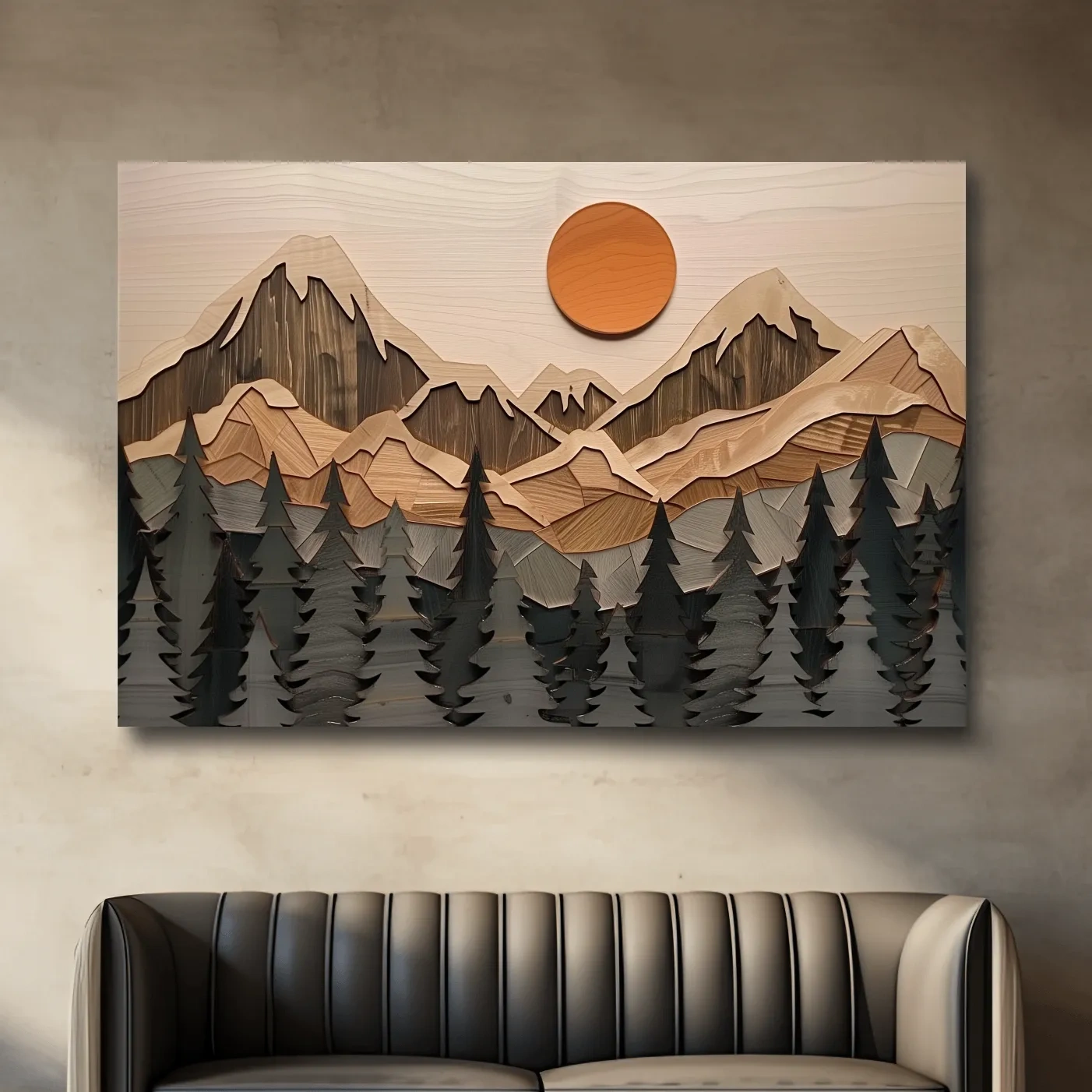Rustic Geometric Wood Grain Mountain Sunrise - Pine Forest Landscape Wall Art