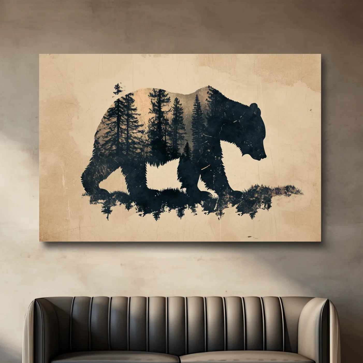 Vintage grizzly bear illustration artwork, double exposure sepia style