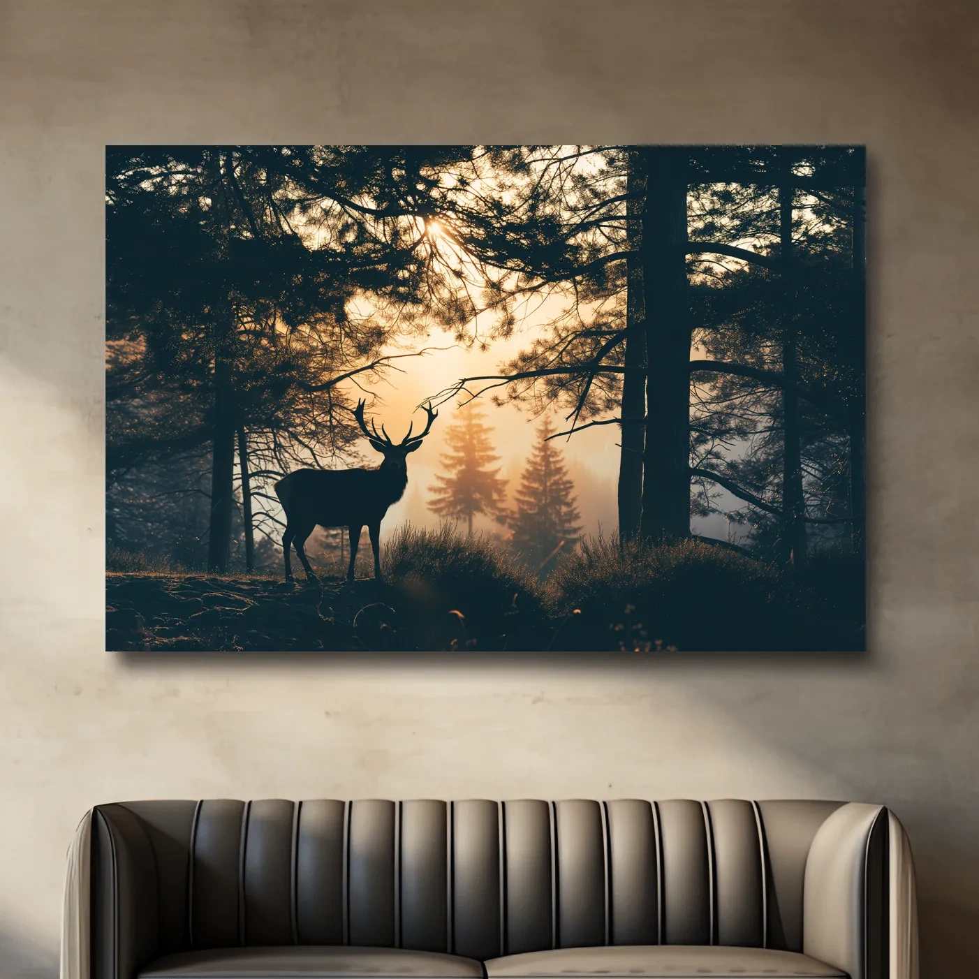 Photograph of a deer silhouette in the forest at sunset