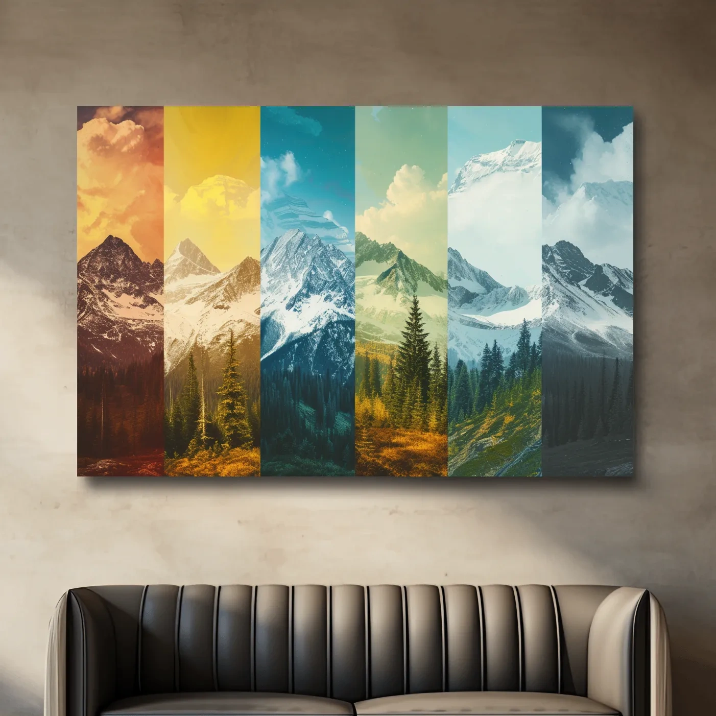 Changing of seasons, alpine forest and glacier art, split panel artwork
