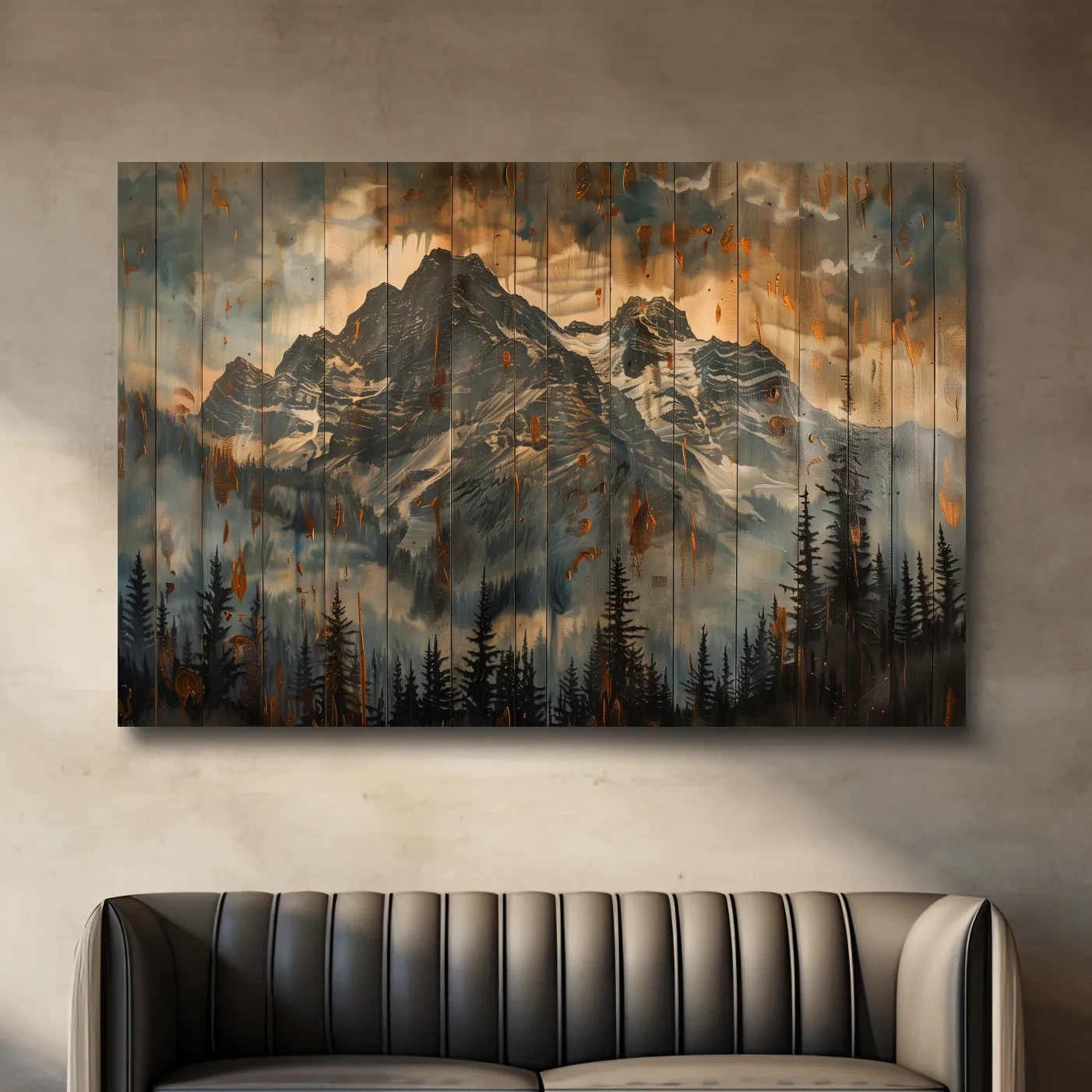 Mountain range wall art, rustic wood panel effect, wood burning style cabin art