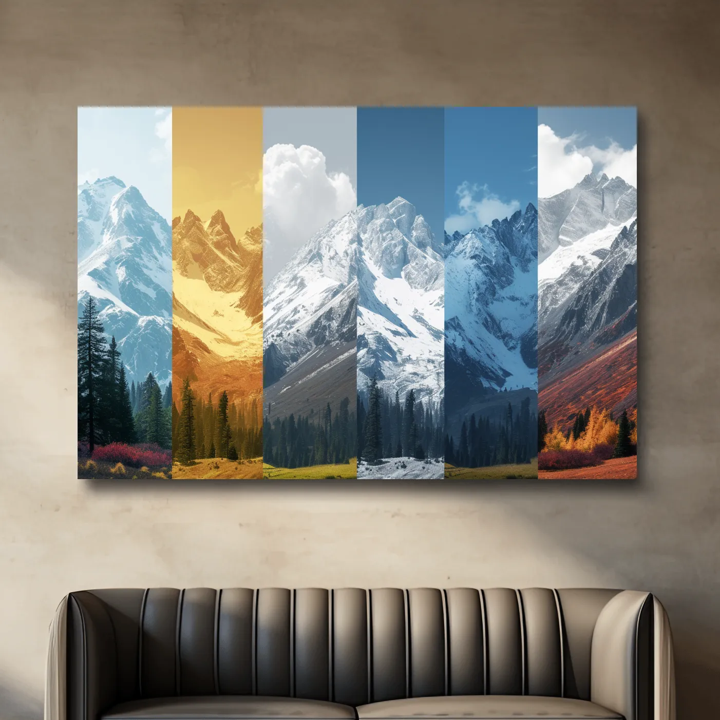 Alpine mountain artwork, forest and glacier, split panel changing of seasons inspired
