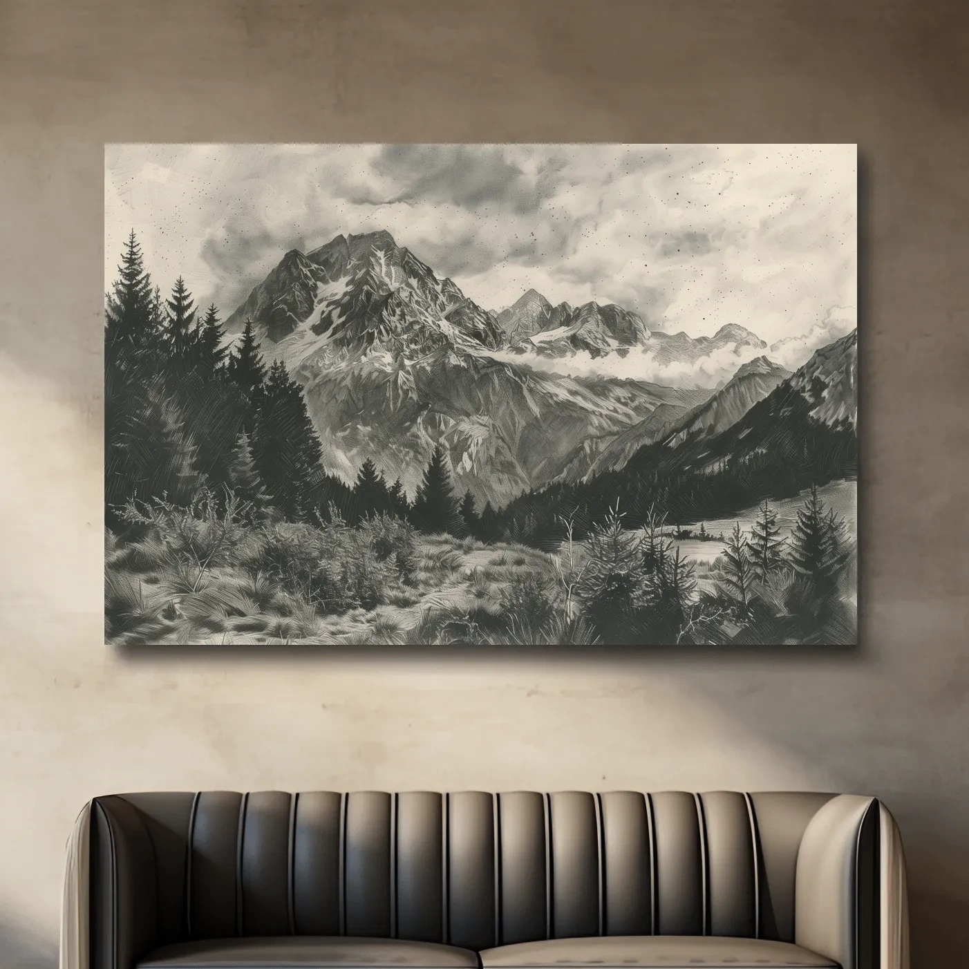 Lead pencil drawing, alpine meadows glacier artwork