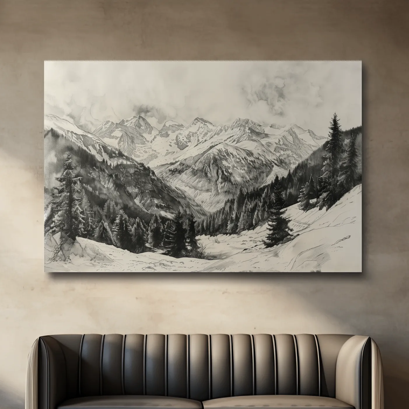 Lead pencil drawing, alpine forest and glacier mountain artwork