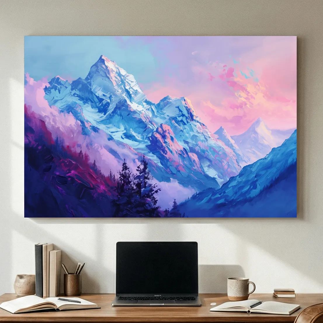 Vibrant Impressionism Alpine Mountain Painting - Colorful Snowy Peaks Wall Art