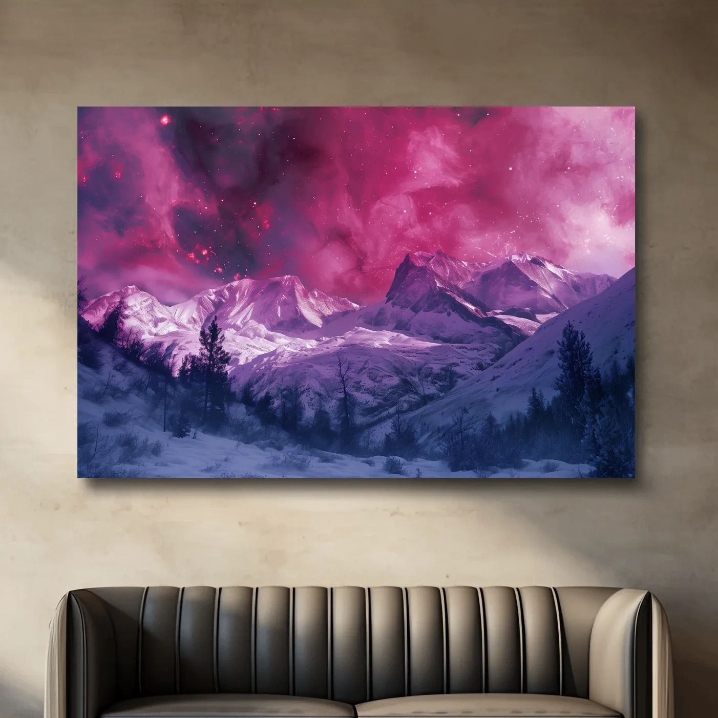 Beautiful pink and purple nebula galaxy sky over snowy glacier mountains, surreal fantasy art style