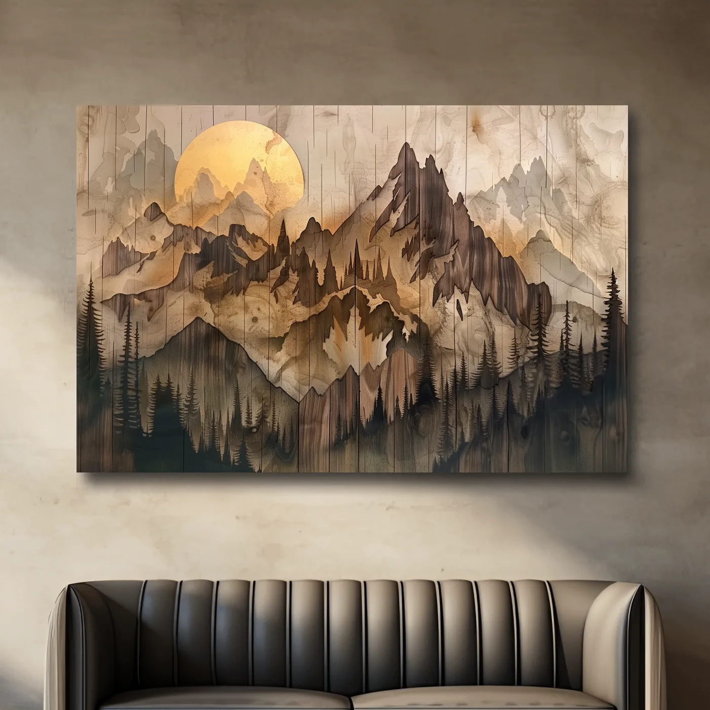 Rustic wood panel effect alpine mountain forest wall art, wood burning effect cabin artwork