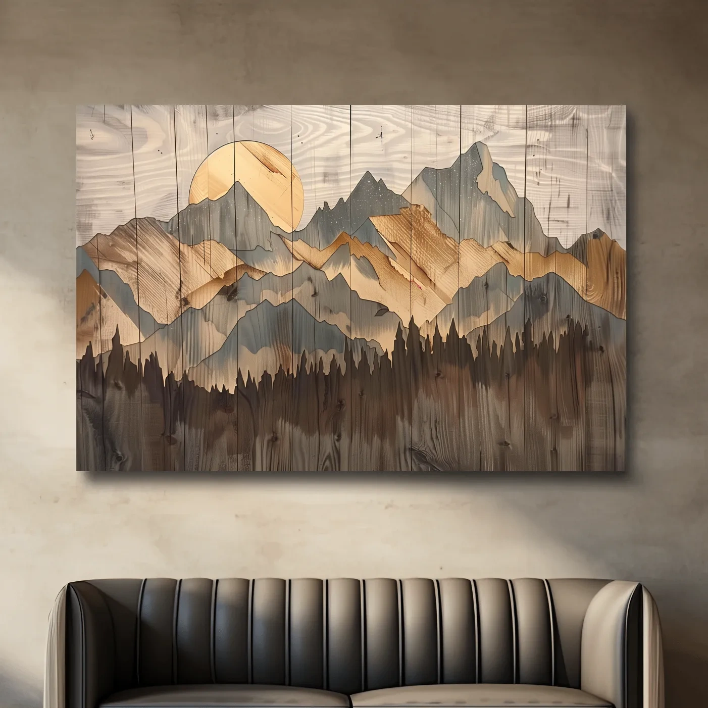 Rustic Mountain Range Sunrise - Woodgrain Style Forest Wall Art