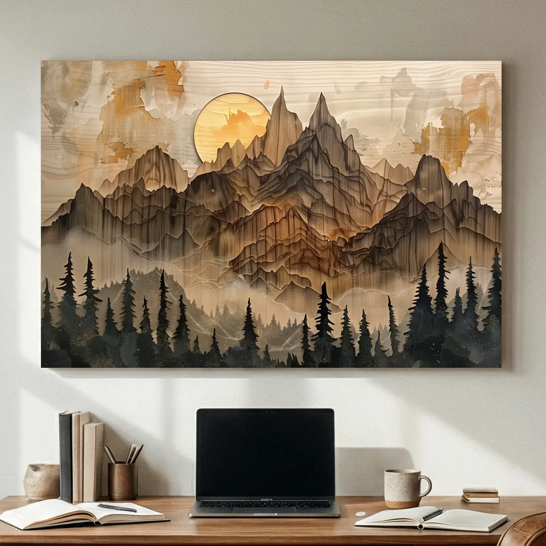 Rustic Mountain Sunset Landscape - Woodcut Style Alpine Wall Art